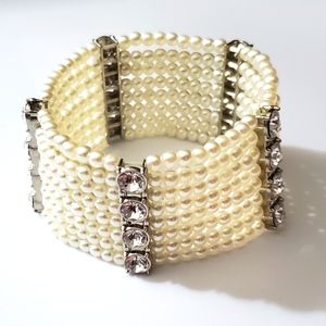 Vintage pearl rhinestone bracelet stretch 8 row sparkly elegant